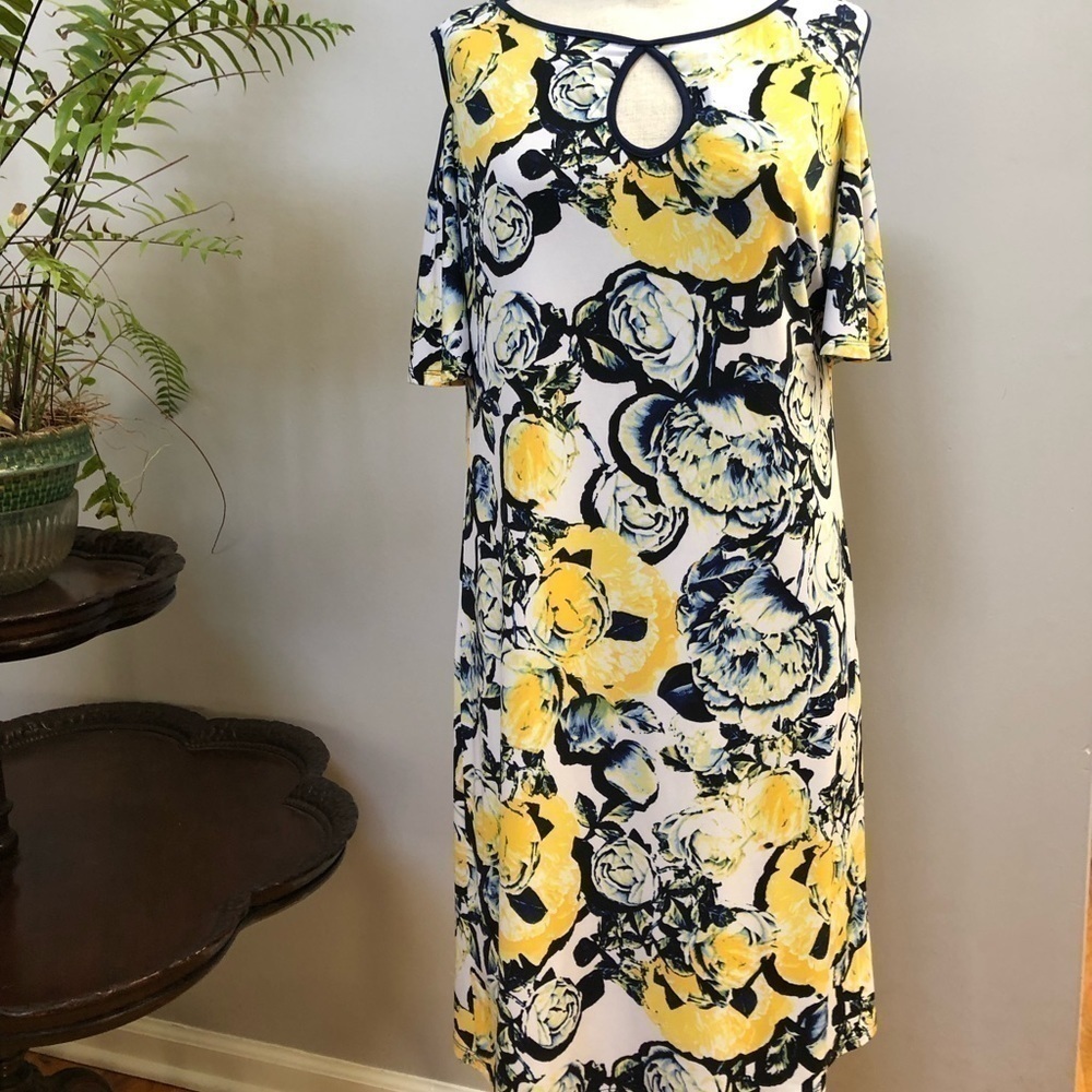 𝅺BLUE & Yellow Peony floral peek a boo‎ sleeve dress by Sangria Size 12